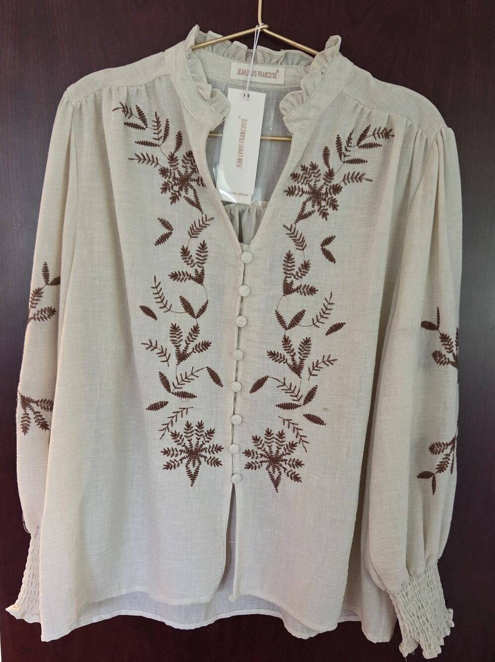 Cream Embroidered Button-Front Blouse
